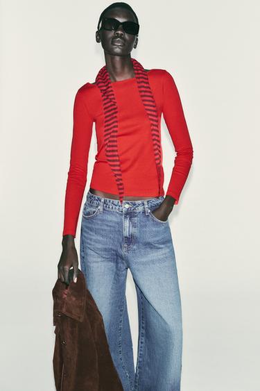 COTTON BOAT NECK T-SHIRT - Red by Zara