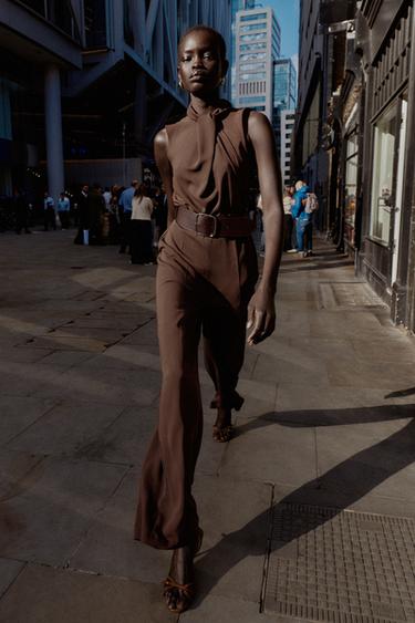 SLEEVELESS JUMPSUIT WITH BELT - Brown by Zara