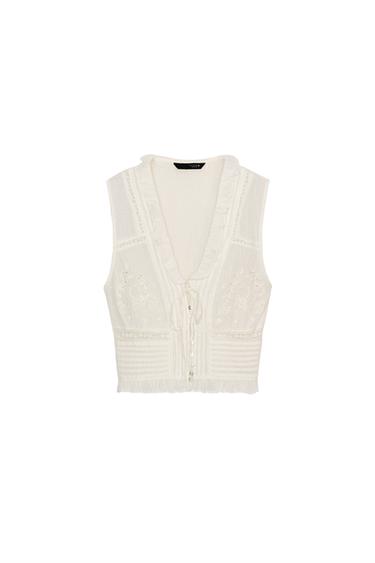 EMBROIDERED GAUZE TOP - Oyster-white by Zara