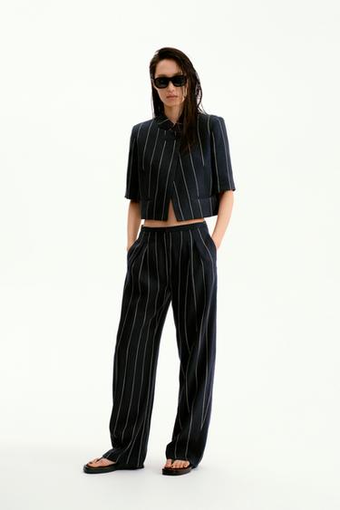 ZW COLLECTION STRIPED LINEN BLEND JACKET - Navy blue by Zara