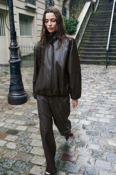 FAUX LEATHER HIGH-NECK JACKET - Dark brown by Zara