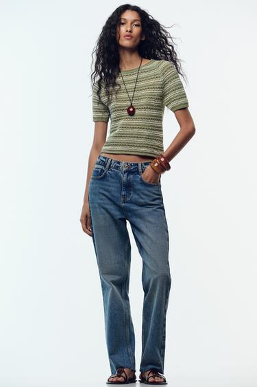 STRIPED TEXTURED KNIT SHORT SLEEVE JUMPER - Green / Ecru by Zara