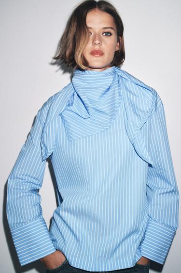 STRIPED MULTI-POSITION SCARF SHIRT ZW COLLECTION - White / Sky blue by Zara