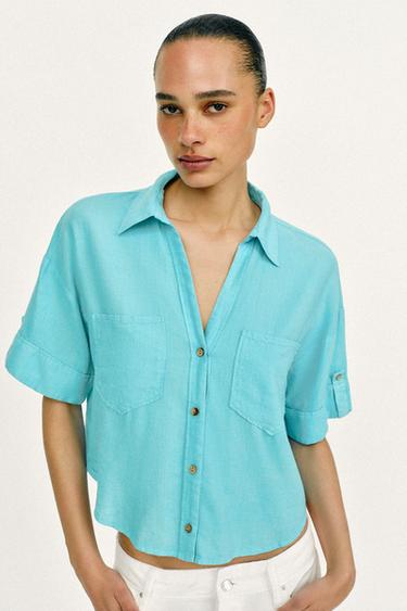 LINEN BLEND SHORT SHIRT - Turquoise by Zara