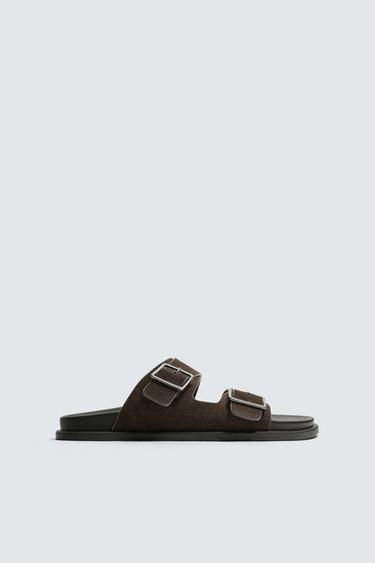 DOUBLE-STRAP LEATHER SANDALS - Brown by Zara