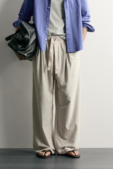 STRIPED RELAXED FIT TROUSERS - stone by Zara