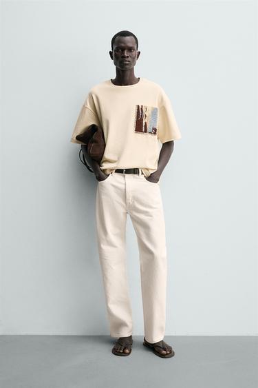 T-SHIRT WITH CONTRAST TEXTURED PATCH - Oyster-white by Zara