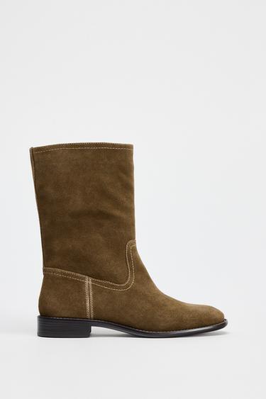 FLAT SUEDE LEATHER ANKLE BOOTS - Brown by Zara - Image 0