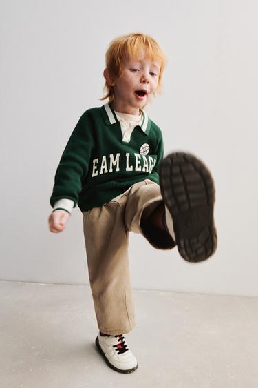 WAFFLE-KNIT POLO SHIRT WITH TEXT - Mid-green by Zara