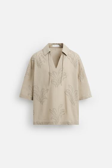 LEAF EMBROIDERY SHIRT - Brown / Taupe by Zara