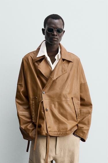 RELAXED FIT NAPPA LEATHER JACKET - camel by Zara