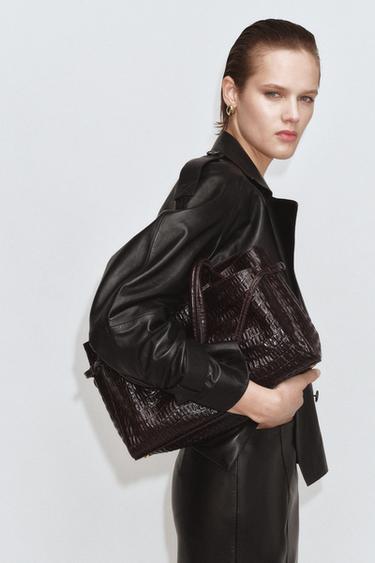 EMBOSSED LEATHER CITY BAG - Chocolate by Zara