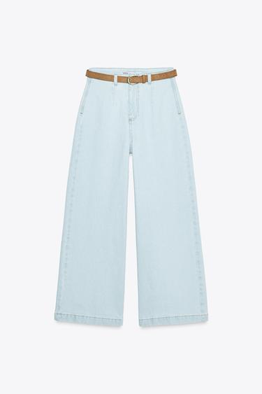 Z1975 WIDE-LEG CROPPED HIGH-WAIST BELTED JEANS - Light blue by Zara