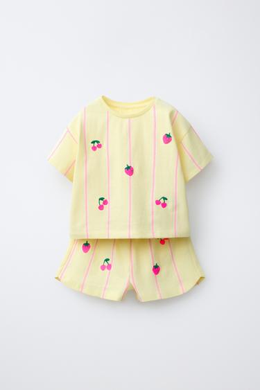 STRIPED T-SHIRT AND BERMUDA SHORTS SET WITH EMBROIDERED FRUIT - Light yellow by Zara
