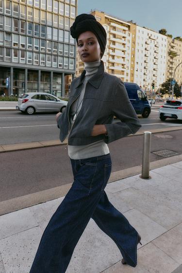 HERRINGBONE CROPPED BLAZER - Dark grey by Zara