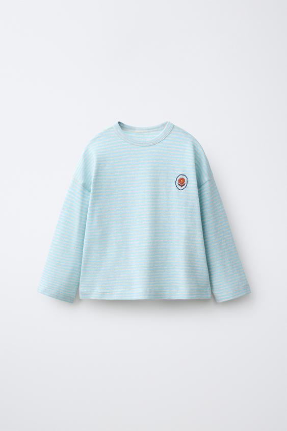 WOVEN STRIPE EMBROIDERED T-SHIRT - Blue by Zara - Image 0