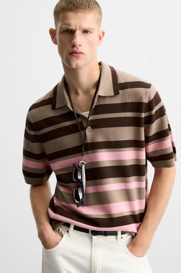 STRIPED JACQUARD KNIT POLO SHIRT - Brown by Zara