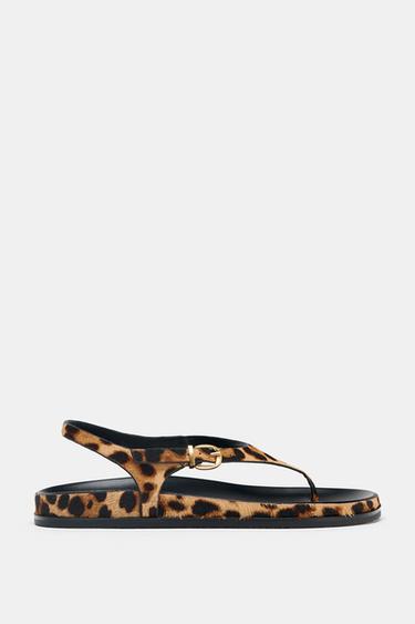 ANIMAL PRINT LEATHER AND SHEEPSKIN SANDALS - Leopard by Zara