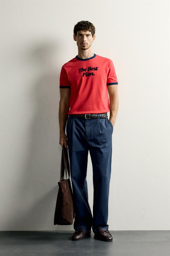 RINGER CONTRAST RIBBED SLOGAN T-SHIRT - Red by Zara - Image 0