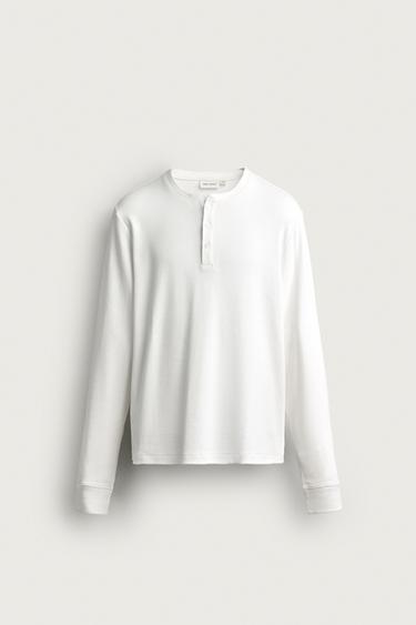COTTON/LINEN HENLEY T-SHIRT - White by Zara