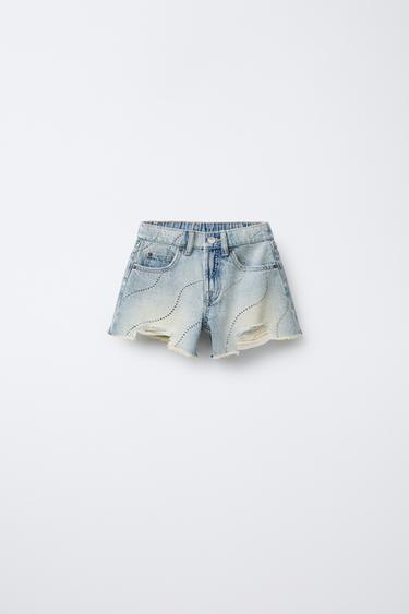 RIPPED DENIM BERMUDA SHORTS WITH GLITTER DETAIL - Blue by Zara - Image 0