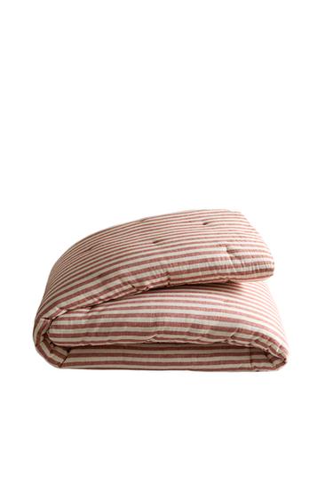KIDS' STRIPED LINEN AND COTTON QUILTED BEDSPREAD - Brick by Zara