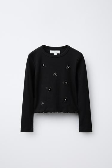 FLORAL APPLIQUÉ T-SHIRT - Black by Zara