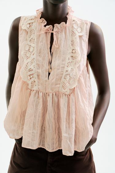 CONTRAST CROCHET CRINKLED EFFECT BLOUSE - Pale pink by Zara