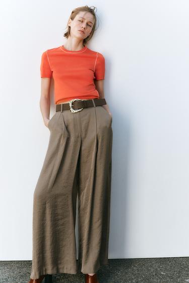 SATIN WIDE-LEG TROUSERS WITH BELT - Brown / Taupe by Zara - Image 0