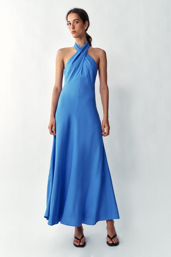 LINEN BLEND HALTER MIDI DRESS - Blue by Zara - Image 0