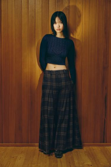CHECKED WOOL BLEND WIDE-LEG TROUSERS ZW COLLECTION - Brown-Blue by Zara