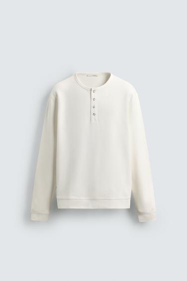 RIB KNIT GRANDAD COLLAR T-SHIRT - Oyster-white by Zara