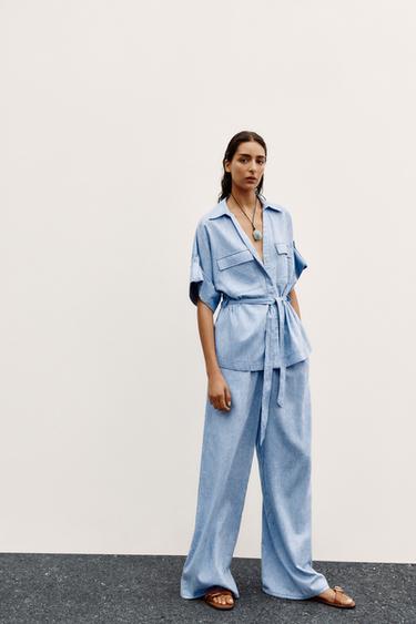 LINEN BLEND WIDE-LEG TROUSERS - Light blue by Zara - Image 0