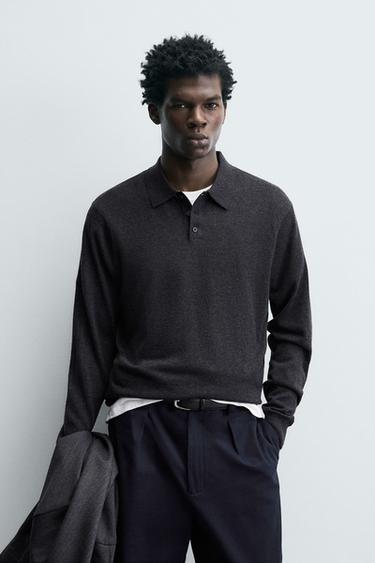 WOOL/SILK KNIT POLO SHIRT - Anthracite Grey by Zara