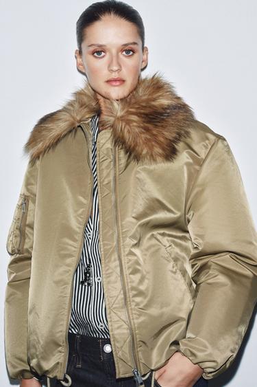FAUX FUR COLLAR BOMBER JACKET ZW COLLECTION - Olive green by Zara