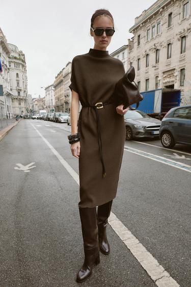 KNIT DRESS WITH BELT - Mink by Zara