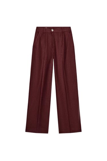 STRAIGHT-LEG LINEN BLEND TROUSERS - Burgundy by Zara