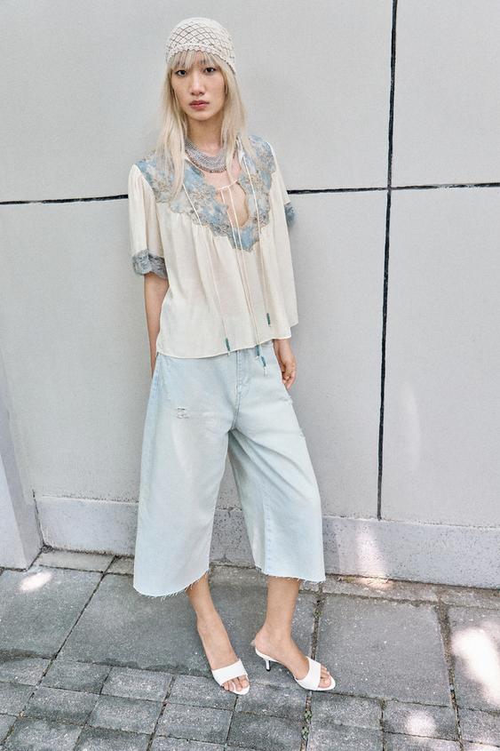 TRF RIPPED MID-WAIST DENIM JORTS BERMUDA SHORTS - Light blue by Zara - Image 0