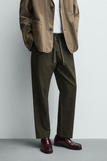 RELAXED FIT COTTON BLEND TROUSERS - Dark khaki by Zara