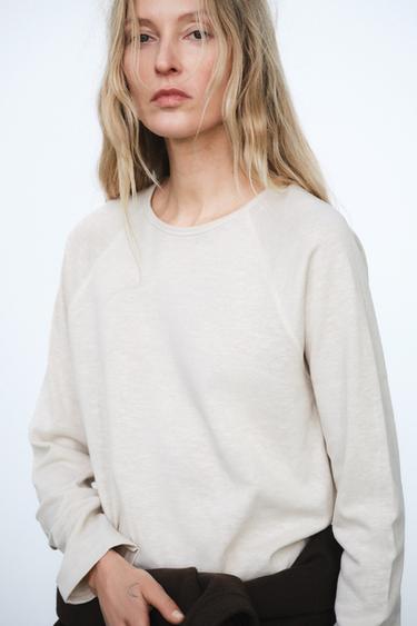 LONG SLEEVE COTTON T-SHIRT - Beige by Zara