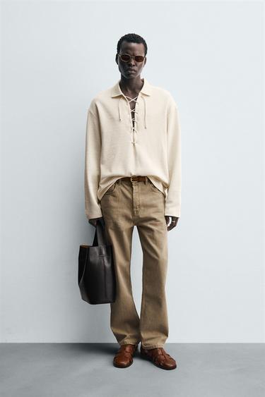 TEXTURED DRAWSTRING POLO SHIRT - Oyster-white by Zara - Image 0