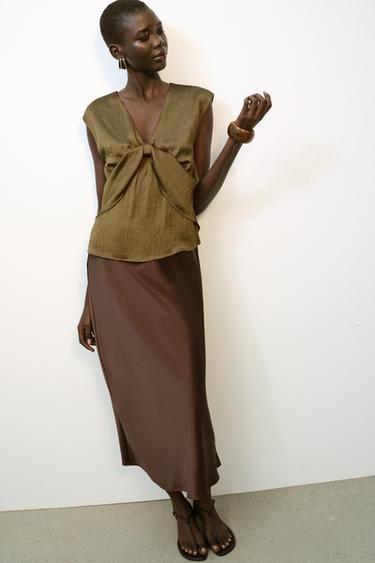 SATIN KNOT TOP - Khaki by Zara