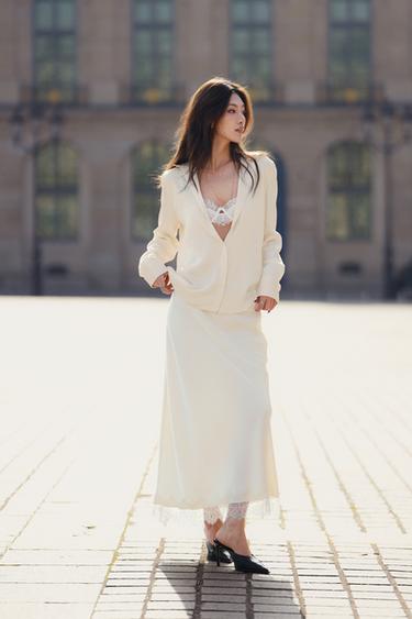 LACE TRIM SATIN MIDI SKIRT - Mid-ecru by Zara