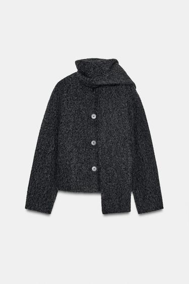 SHORT BOUCLÉ COAT WITH SCARF - Dark grey by Zara