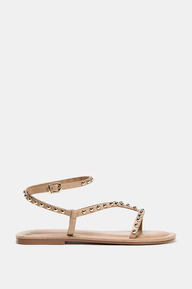 SANDALS WITH METALLIC BEADED STRAPS - Beige by Zara