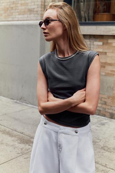 WASHED EFFECT JEWEL T-SHIRT - Anthracite grey by Zara