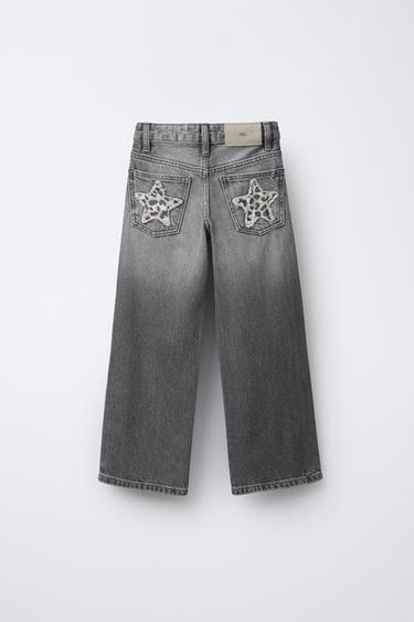 WIDE-LEG JEANS WITH ANIMAL PRINT STARS - Grey by Zara