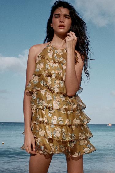 FLORAL RUFFLE DRESS - ecru/khaki by Zara