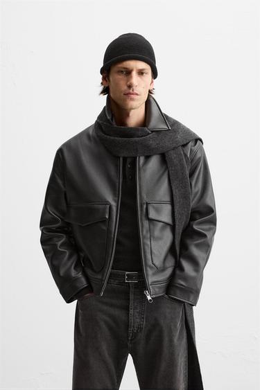 LEATHER EFFECT JACKET WITH POCKETS - Black by Zara