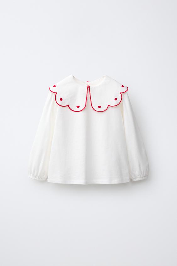 EMBROIDERED PETER PAN COLLAR T-SHIRT - Oyster-white by Zara - Image 0